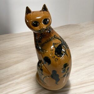 Vintage Handcrafted Glazed Ceramic Pottery Cat Figurine - Brown and Black